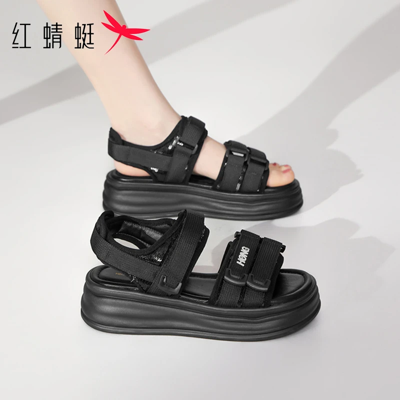 红蜻蜓运动罗马凉鞋女2025新款夏季厚底增高软底魔术贴海边沙滩鞋