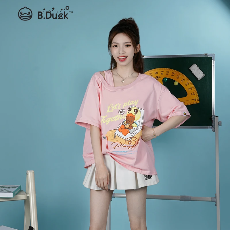 B.Duck小黄鸭2025春夏新款欧若风粉色蝴蝶结单边露肩宽松短袖T恤