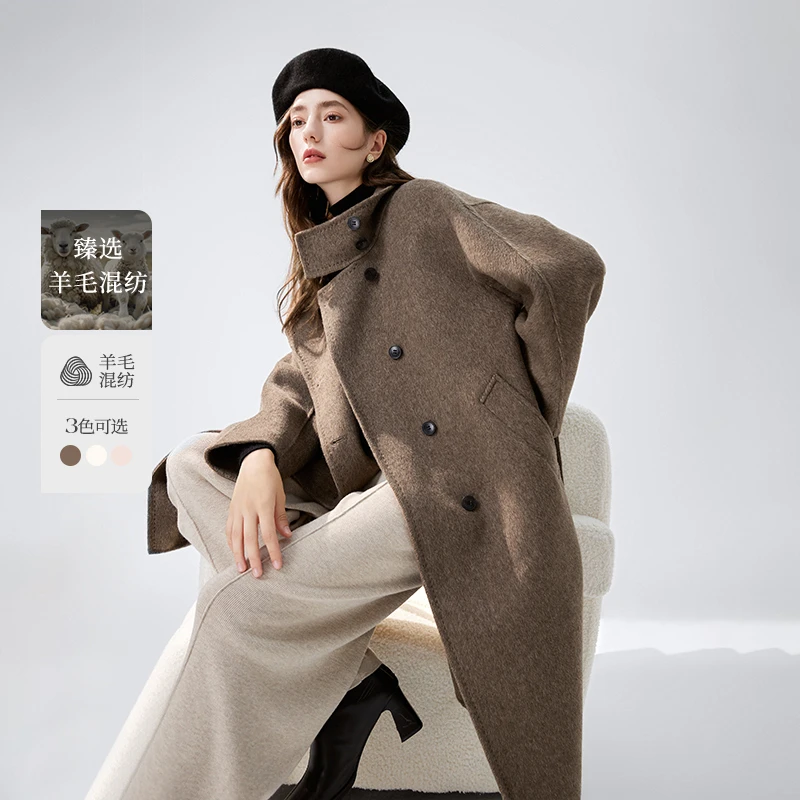 秋水伊人中长款双面呢外套女装高领呢子大衣624410A120023