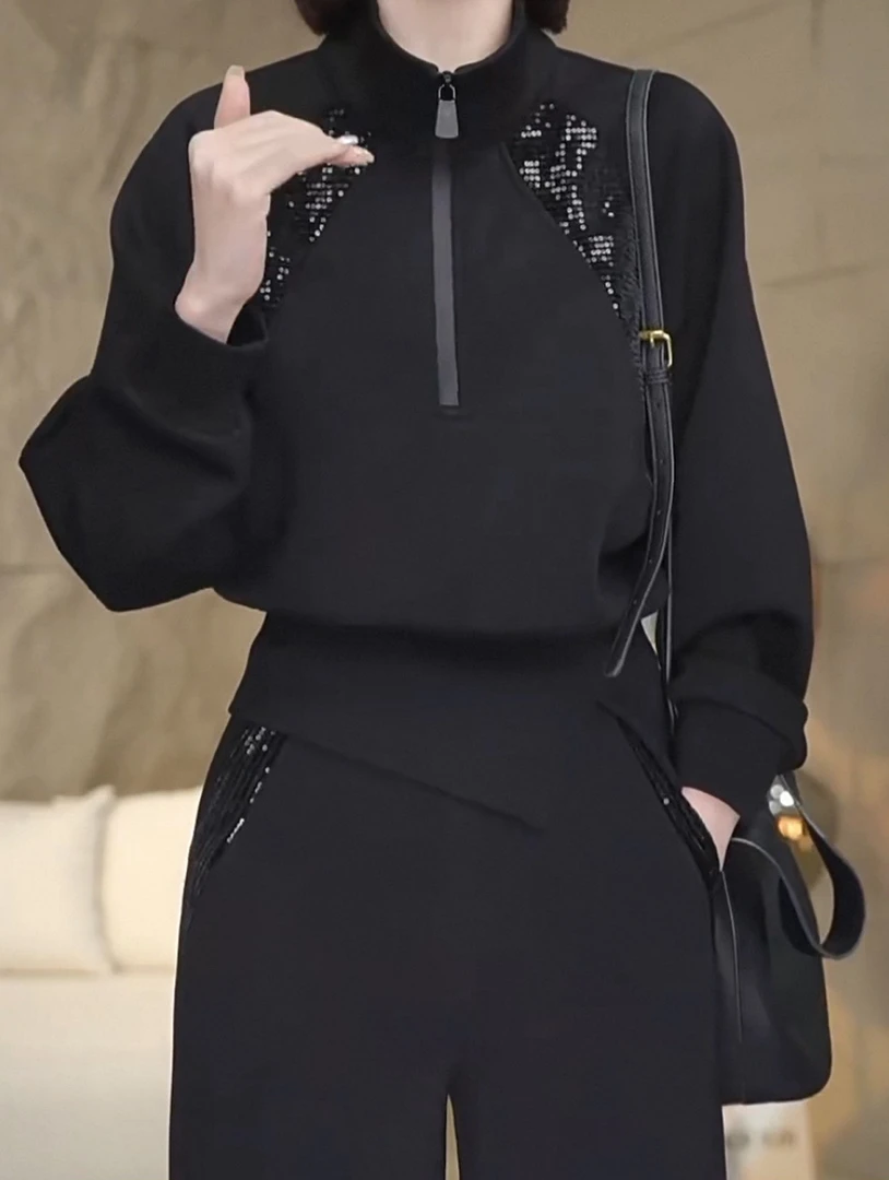 休闲运动套装女2025秋季新款时尚洋气设计感立领卫衣两件套装女