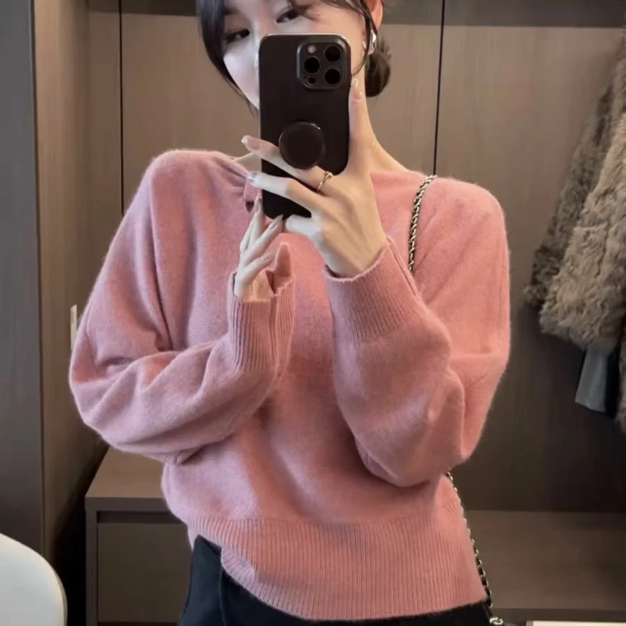 那简家25387韩系设计感粉色显白套头针织衫宽松软糯毛衣女