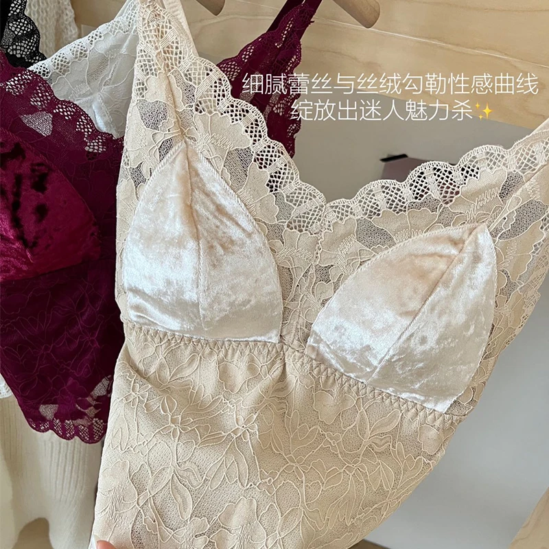 秋冬蕾丝拼接金丝绒磨毛背心