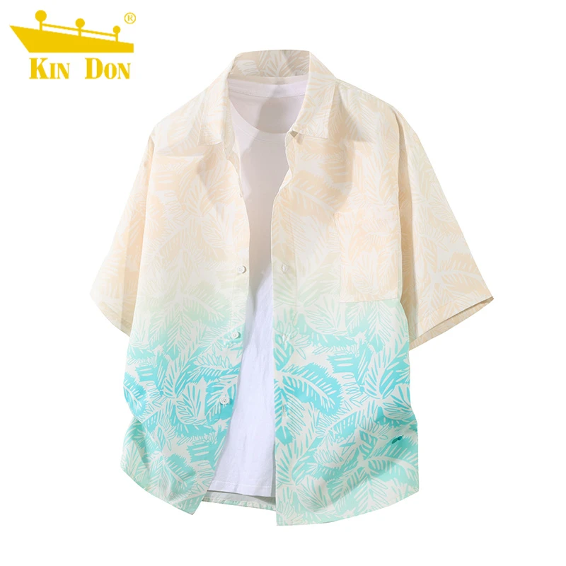 金盾夏季夏威夷冰感大码短袖衬衫男士薄款美式沙滩休闲印花衬衣