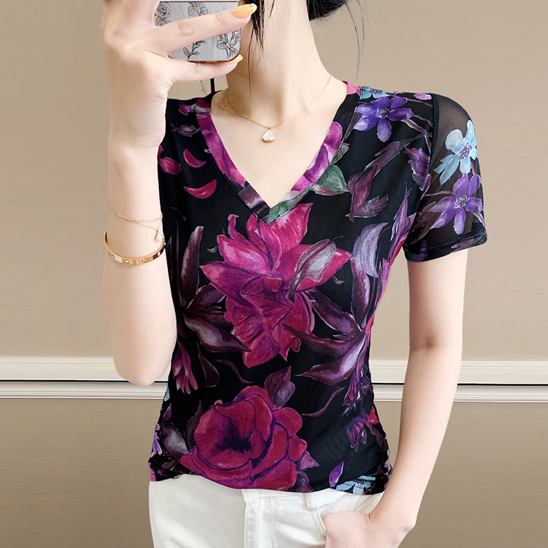 半袖打底衫女2025夏季时尚纱网印花短袖V领T恤修身显瘦洋气上衣潮