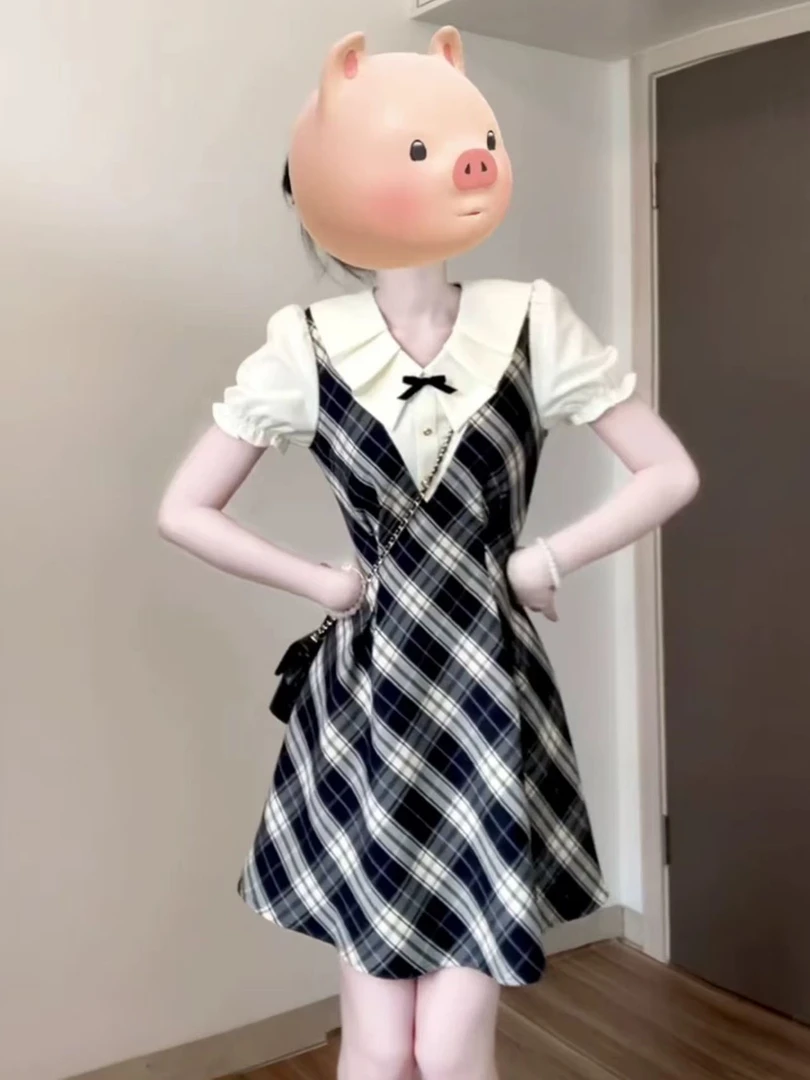 气质学院风假两件格子连衣裙女夏季高级感收腰法式泡泡袖显瘦裙子