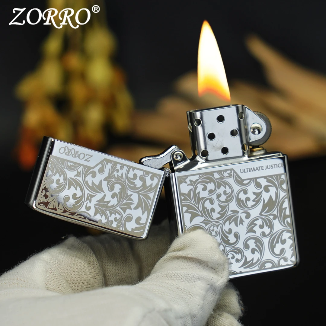 佐罗ZORRO佐罗打火机正版905平头白冰唐草花男士经典银色个性防风