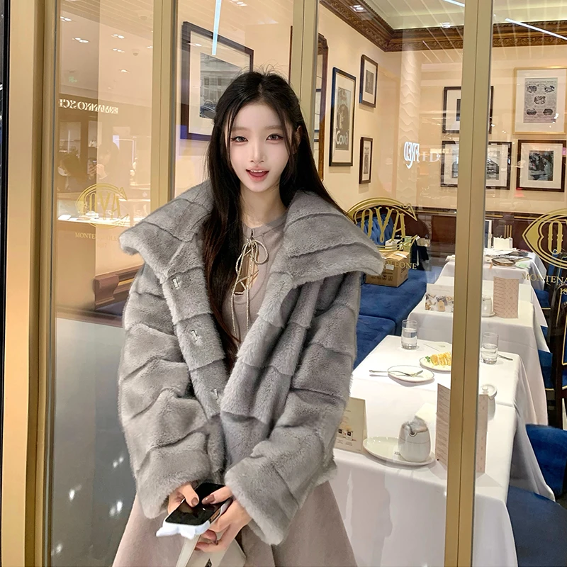 人造皮草 新款仿水貂毛翻领环保皮草外套女加厚人造毛毛外套炸街