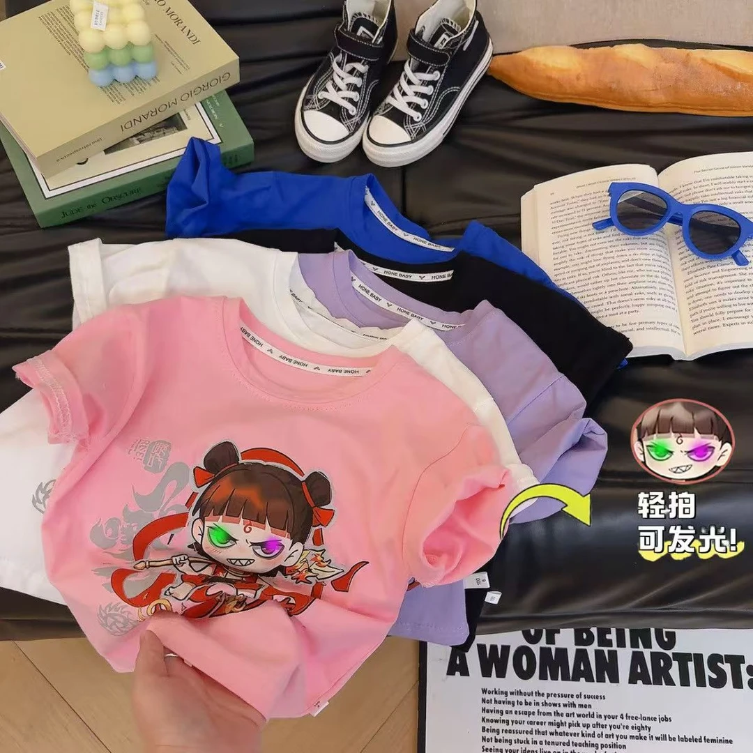 儿童哪吒亮灯短袖夏季新款印花上衣男童女童洋气纯棉网红哪吒夏装