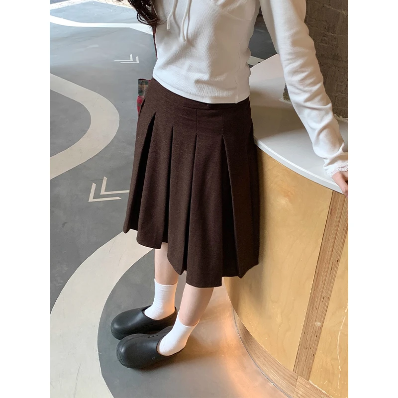 耶古学院风咖啡色百褶a字半身裙女秋冬新款高腰显瘦中长款毛呢裙