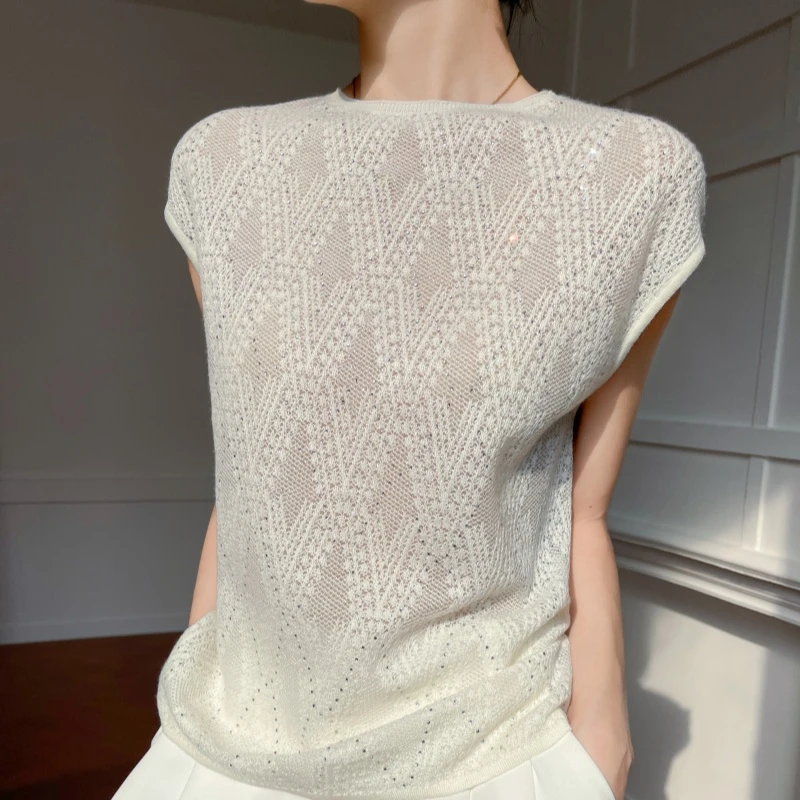 夏季圆领镂空欧根纱烫钻小衫洋气知性风温柔女装时尚无袖上衣