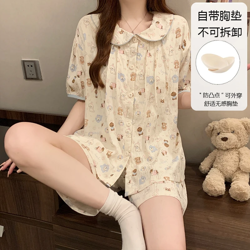 可爱公主风睡衣女夏季薄款短袖云朵棉娃娃领带胸垫大码家居服套装