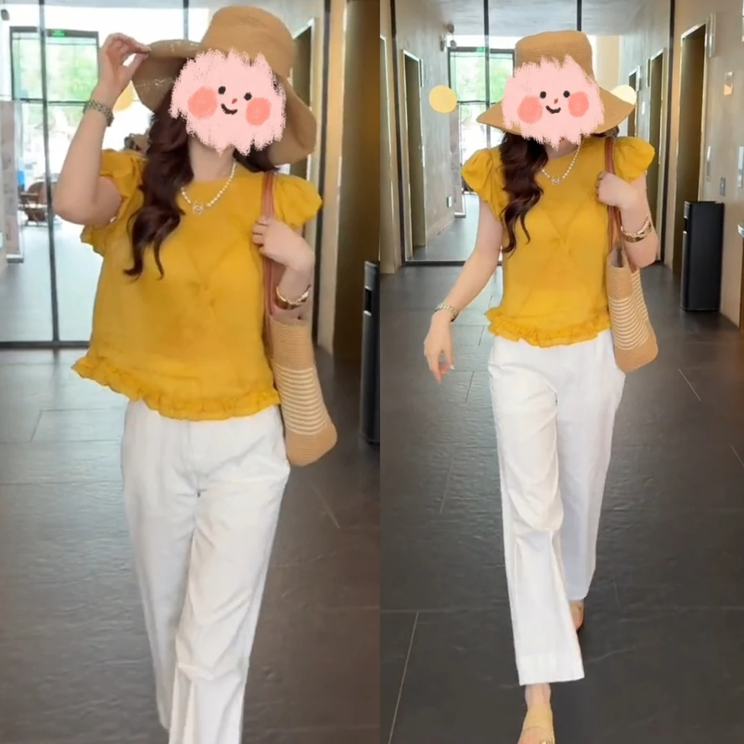 夏季法式荷叶边下摆韩系减龄短袖休闲直筒裤两件套