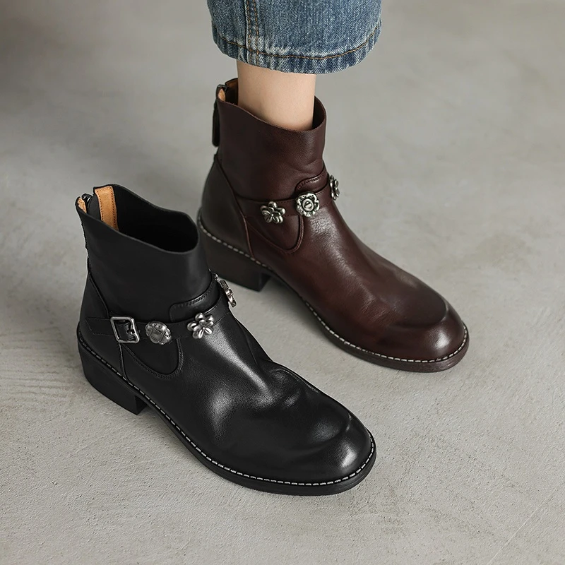 头层牛皮~高端时尚气质时装靴2025秋冬真皮复古短靴粗跟通勤女靴