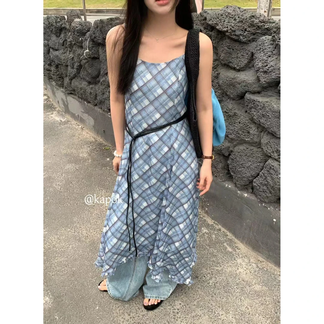 25182#KAPOK#韩系花边下摆不规则复古格子吊带连衣裙（福利）