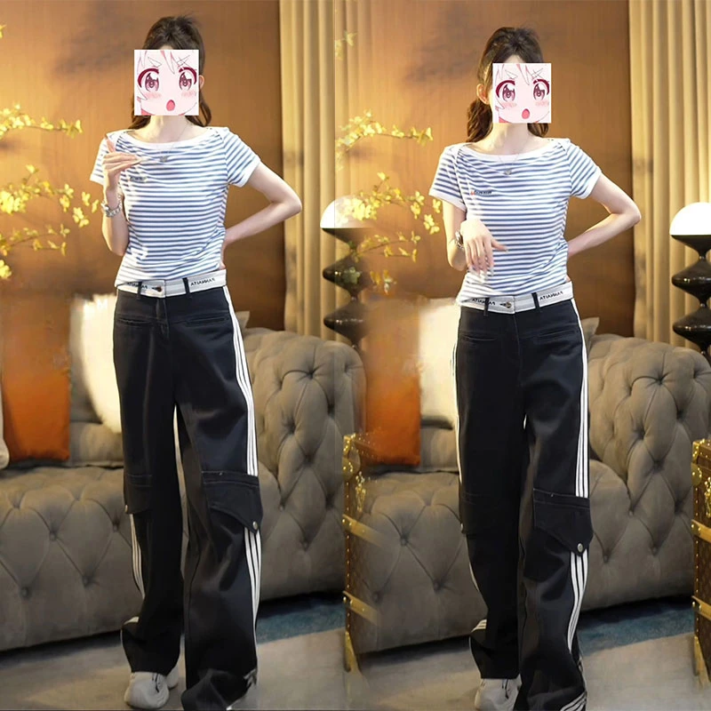 2025夏季网红爆款一字领条纹短袖T恤高腰直筒休闲裤子两件套装女