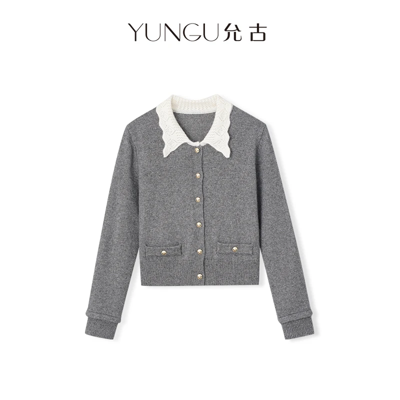 YUNGU允古 法式浣熊绒·绵羊毛别致翻领针织开衫2025秋冬新款上衣
