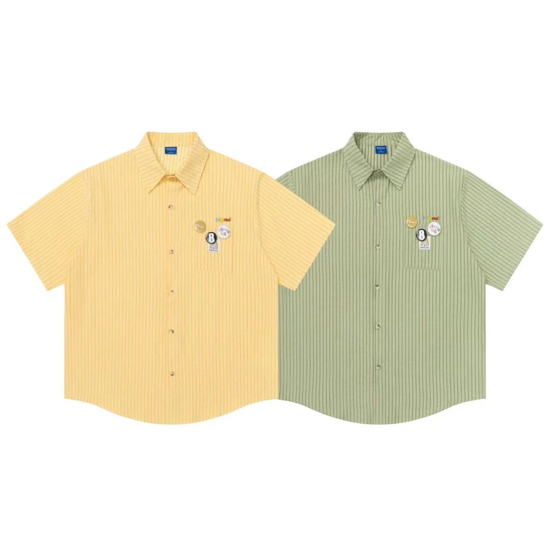 壹三三  多巴胺元气徽章条纹衬衣轻薄美式复古宽松夏新款情侣百搭