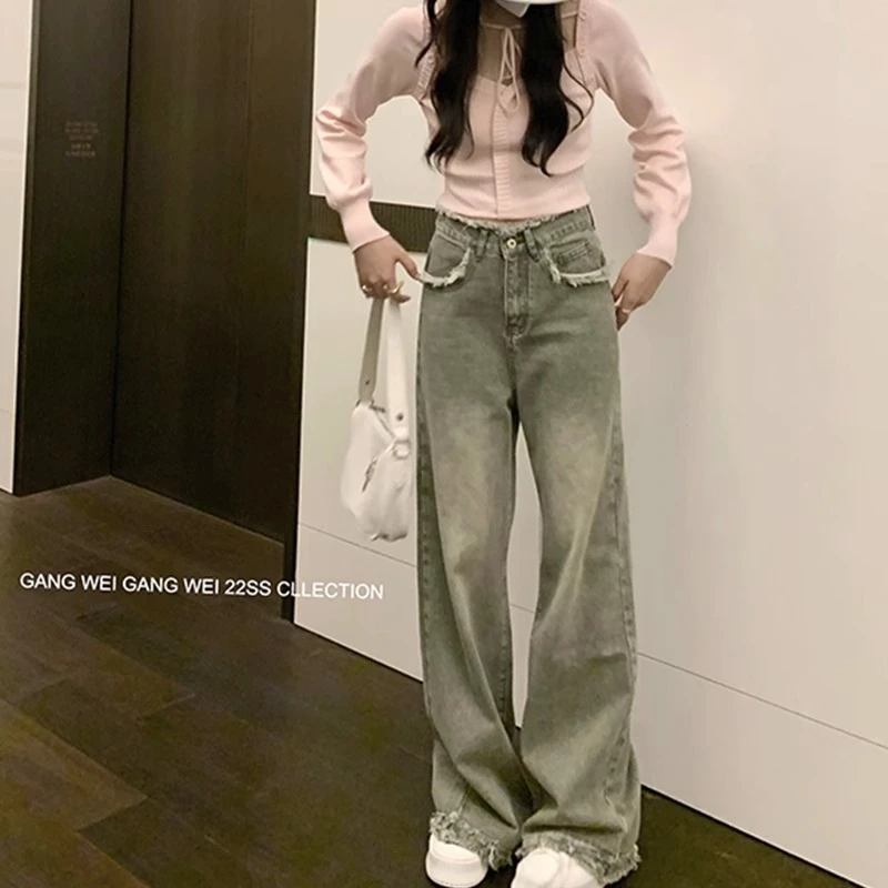 做旧阔腿牛仔裤女秋季新款高腰显瘦宽松拖地直筒裤子-20001