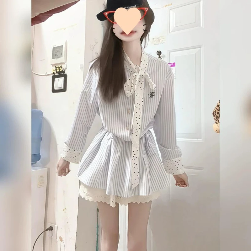 学院风结领带条纹衬衫连衣裙子女早春季小个子韩小个子打底连衣裙