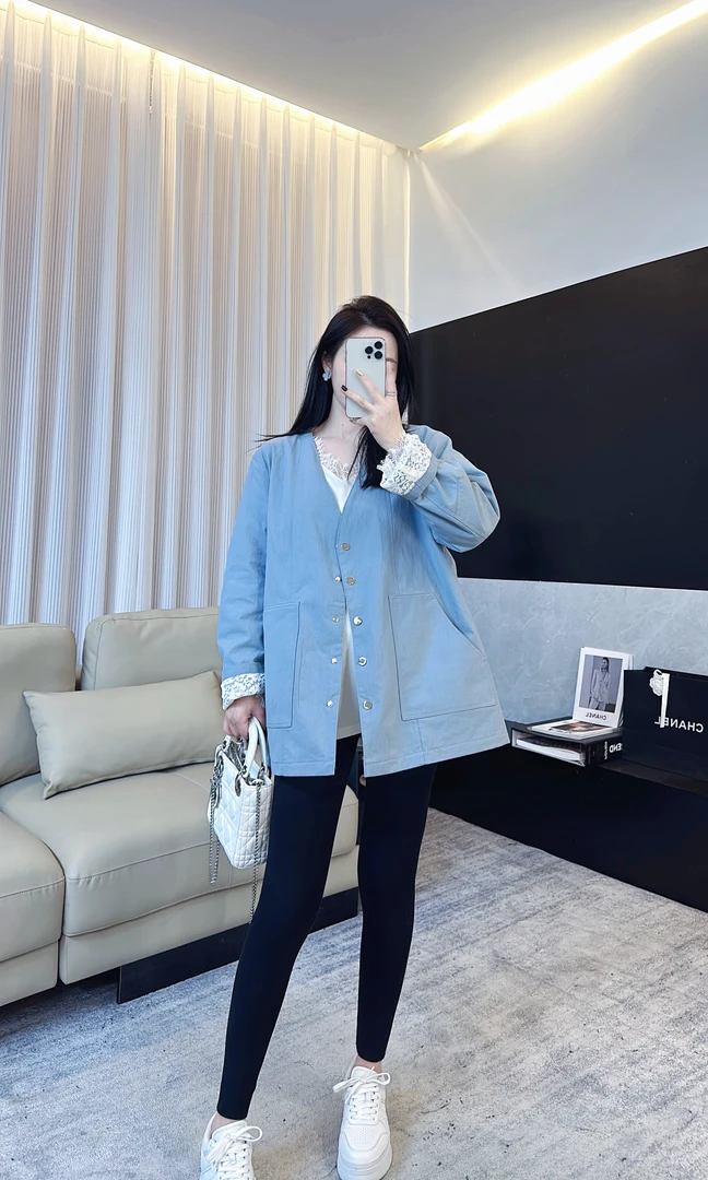 【MEEUMI】春季新款棉新式女装外套白色蕾丝内衬翻袖长袖CB1885HM