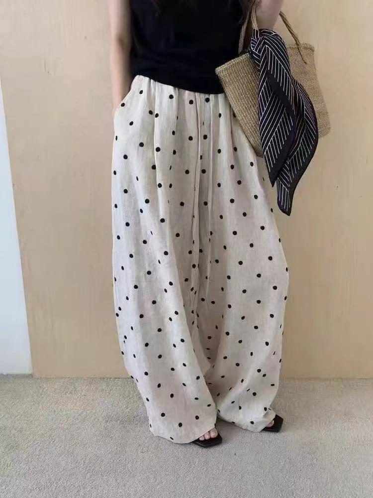 麻料波点阔腿裤女2025夏季新款韩版百搭松紧腰休闲直筒长裤女