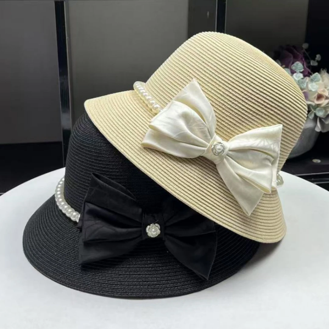 法式复古大珍珠蝴蝶结防晒草帽女夏季遮阳盆帽渔夫帽