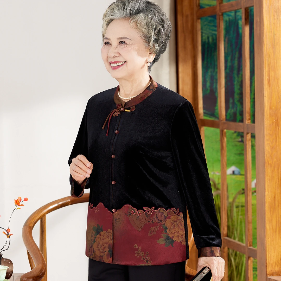 老年人秋装女金丝绒唐装上衣奶奶春秋天宽松薄外套新中式国风妈妈
