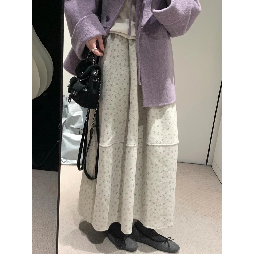 杏色碎花加厚花苞半身裙女秋冬季韩系小清新复古温柔风毛呢长裙子