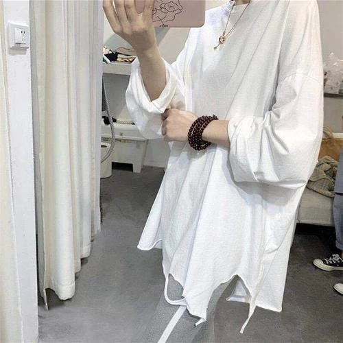 莲叶女质秋装新款长袖恤女宽松中长款白色打底衫上衣破洞内搭潮