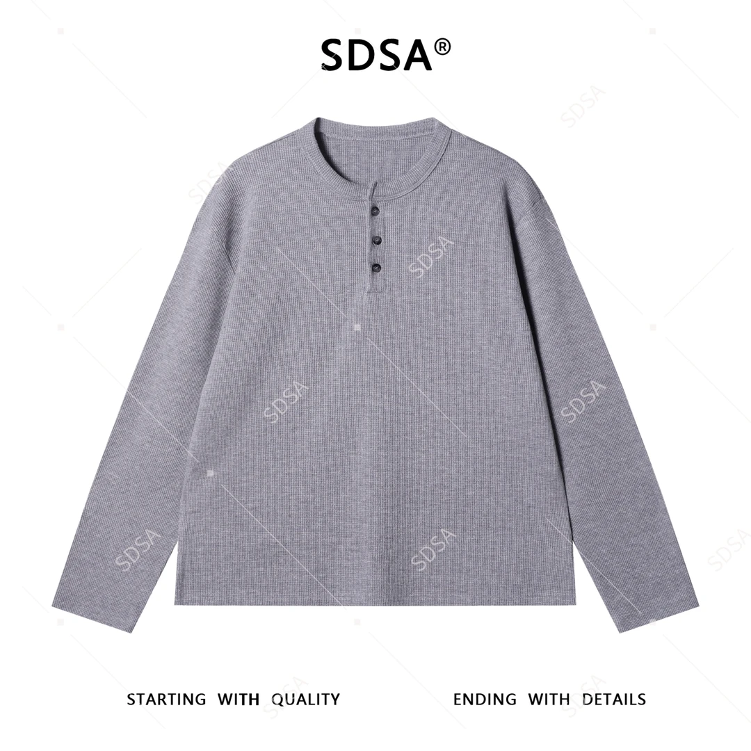 SDSA男士秋冬新款轻奢痞帅男装纯色简约半纽扣圆领长袖T恤老钱风