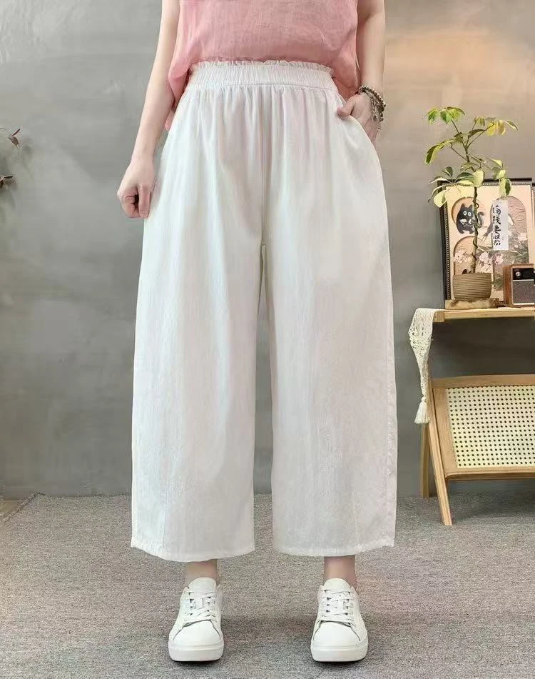 2025夏季新款九分阔腿小直筒裤女裤宽松大码松紧腰灯笼裤子