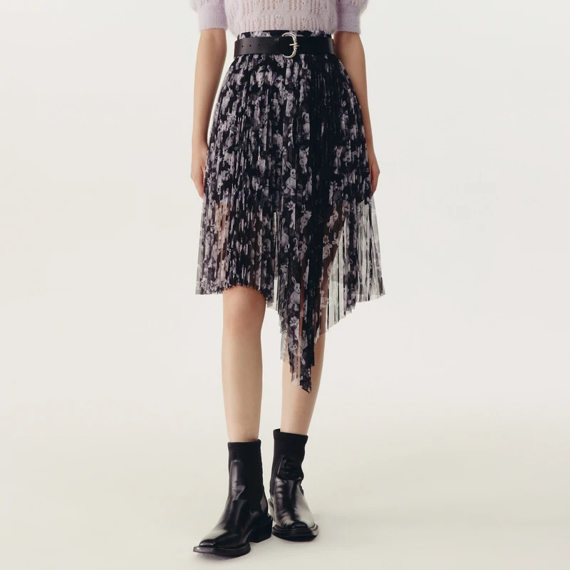 HPLY荷比俪春季新款女网纱印花压褶不规则半身裙HMD11700227