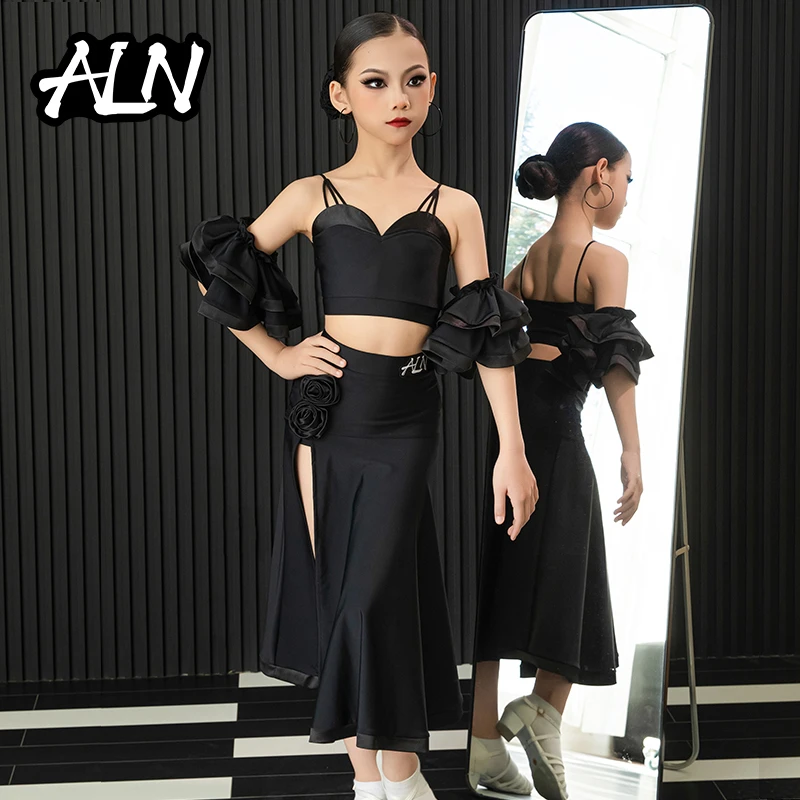 ALN拉丁舞服2025春夏新款女童吊带网纱摩登裙练功专业表演舞蹈服