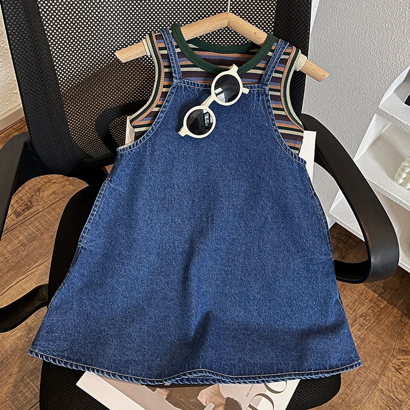 2025年夏季韩系小女孩一套牛仔连衣裙无袖吊带高弹条纹背心两件套