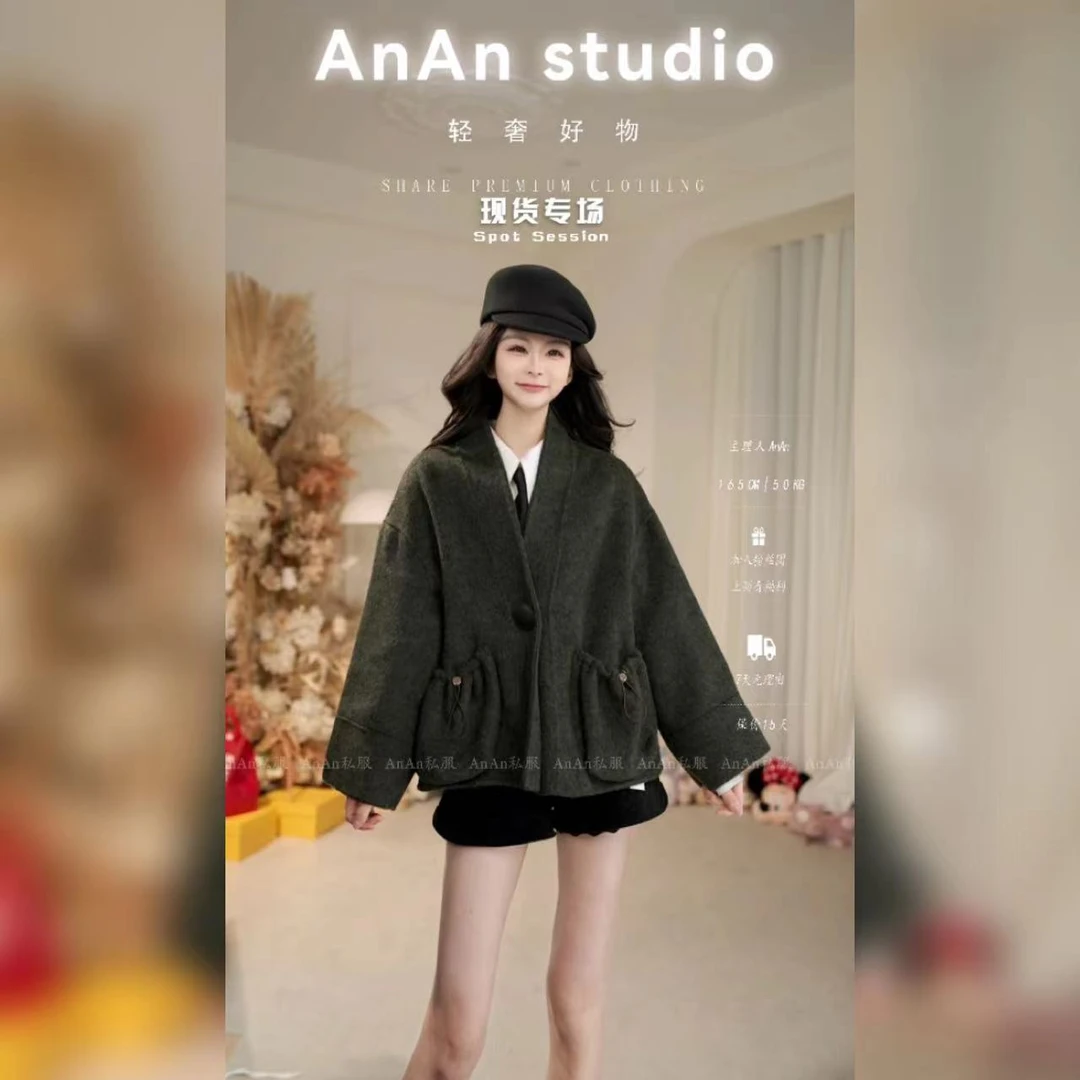 2025春款东大门百宝口袋设计感V领双面毛呢大衣