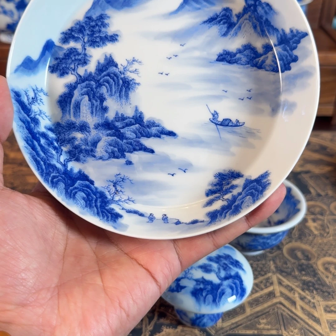 景德镇全手工手绘青花山水壶承