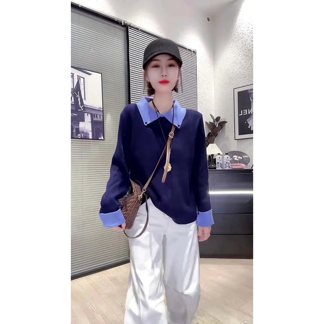 欧货新款休闲显瘦百搭宽松撞色polo领长袖针织毛衣