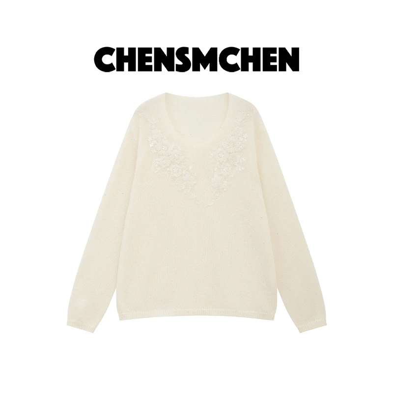 CHENSMCHEN 绵羊毛V领长袖针织衫女简约气质显瘦上衣CSZ6152SL