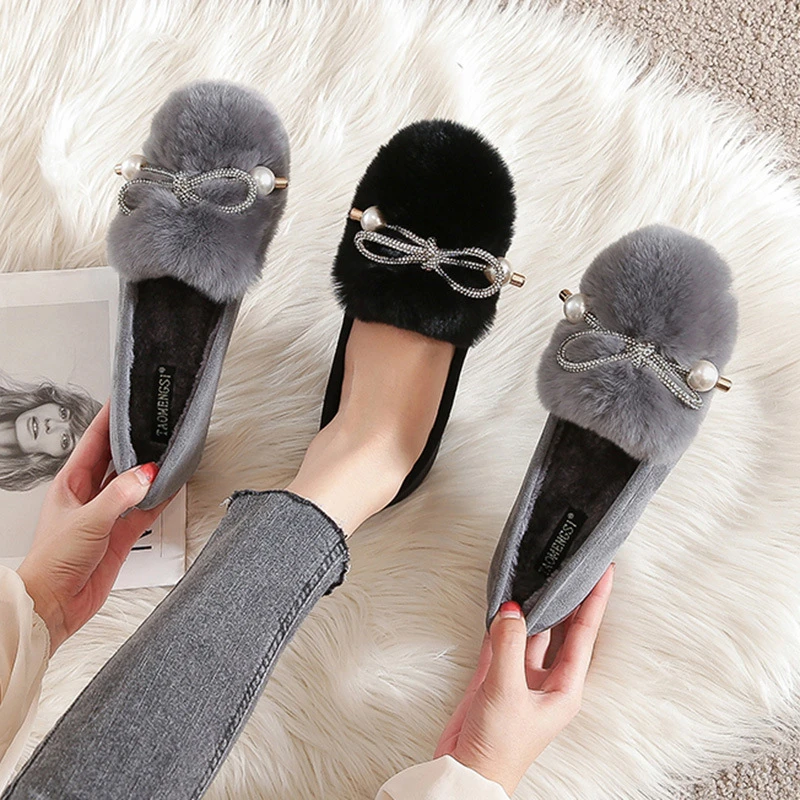 T54毛毛鞋女外穿2025秋冬新款圆头豆豆鞋保暖加绒鞋大码孕妇棉鞋