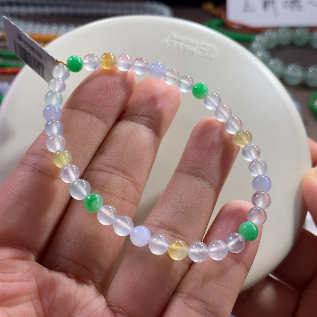 翡翠未镶嵌手链高冰玻清爽幻彩多宝单圈卡5