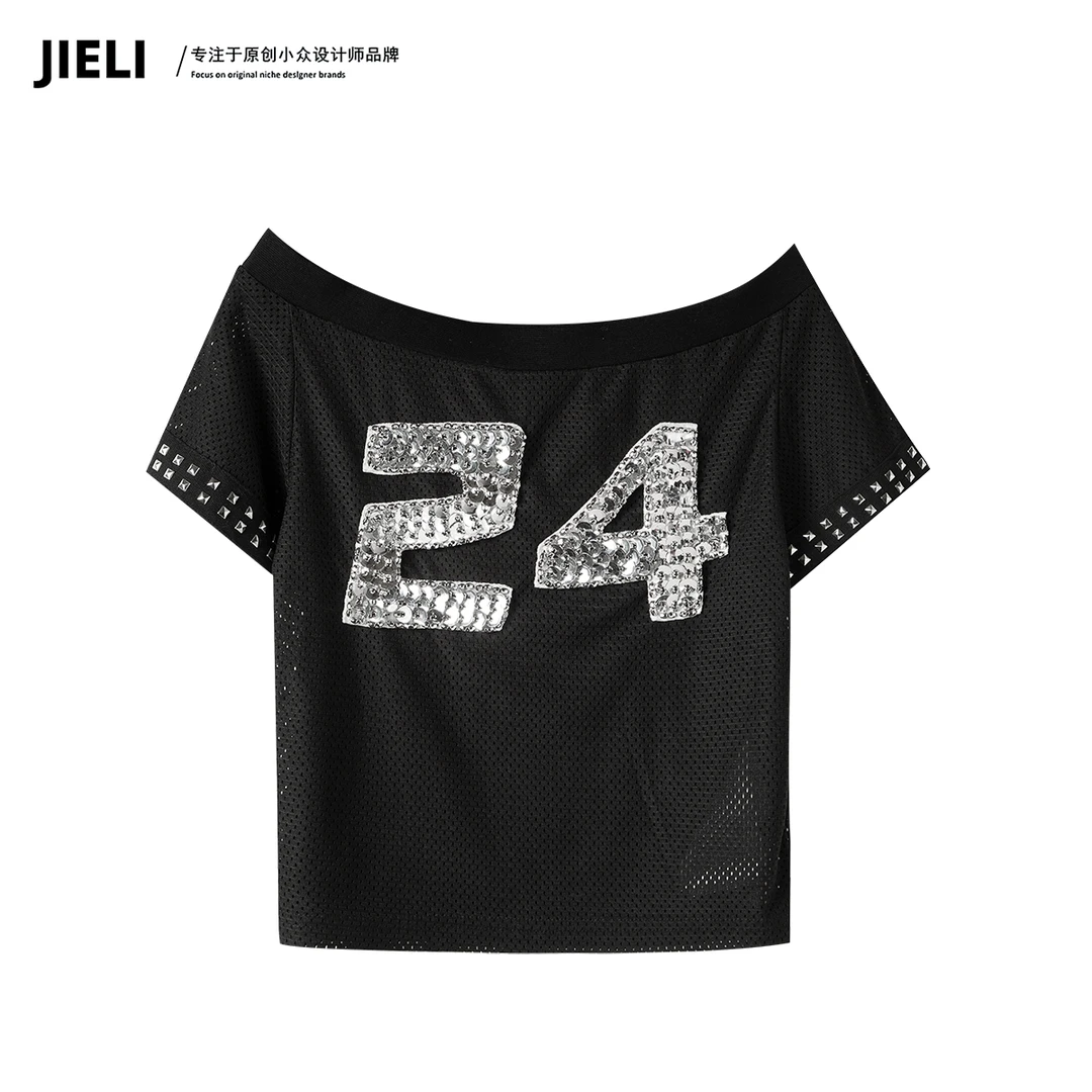 JIE LI/街力设计师高级感气质上衣夏季时尚24黑色短袖T恤女Y8095