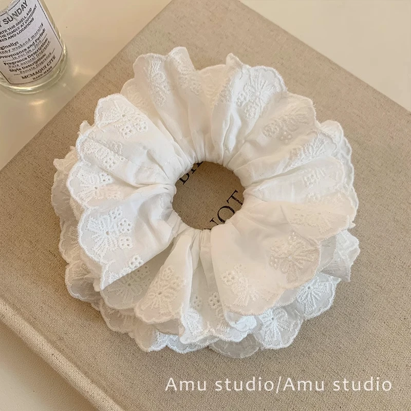 白色双层蕾丝花边大肠发圈女韩系高级感气质扎头发丸子头发绳头绳