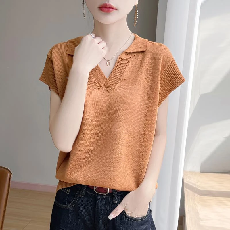 杜拉妮感POLO领冰丝针织短袖T恤女2025夏轻薄凉感宽松显瘦上衣T恤