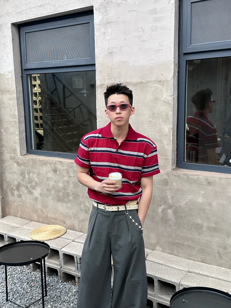 SRJ复古高级感条纹撞色短袖polo衫男女中性夏季宽松休闲翻领上衣