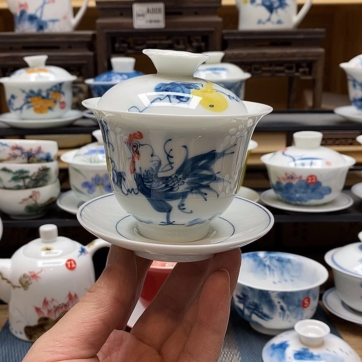 手绘微瑕公鸡盖碗