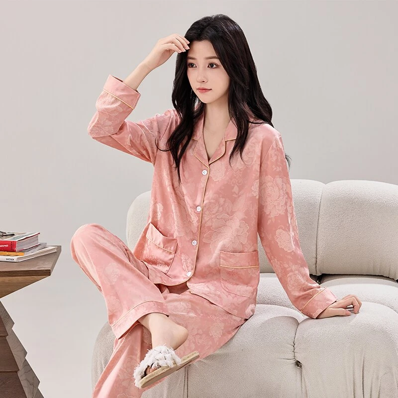 【两件套】春夏款舒适冰雪水光软丝家居服睡衣女士长袖休闲可外穿