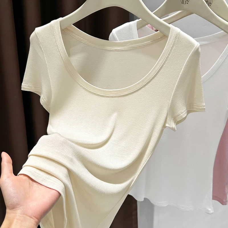 杏色软糯冰丝针织短袖面膜T恤女新款简约圆领百搭小个子修身上衣