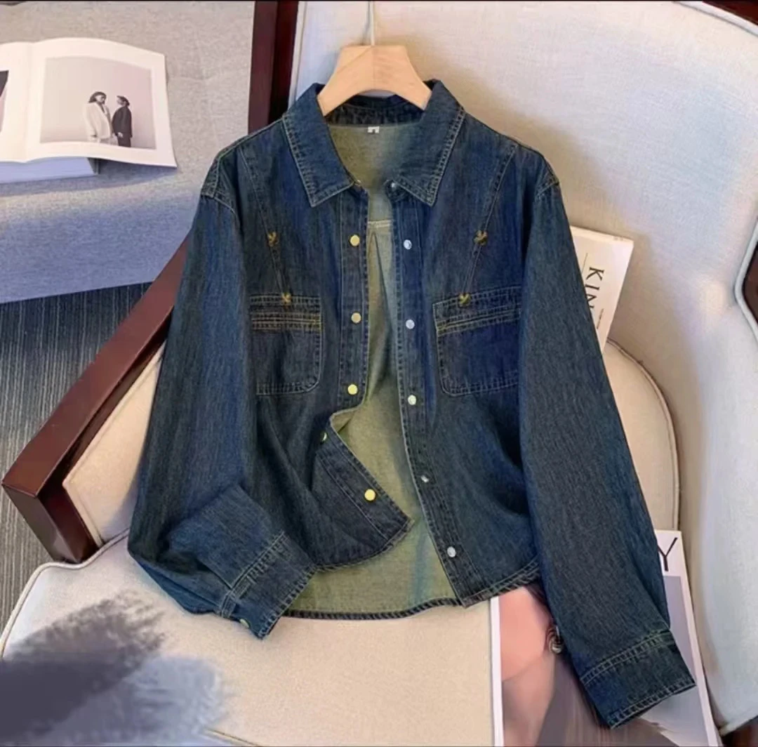 24050#y16长袖牛仔衬衫女春季新款时尚洋气港风复古牛仔外套上衣