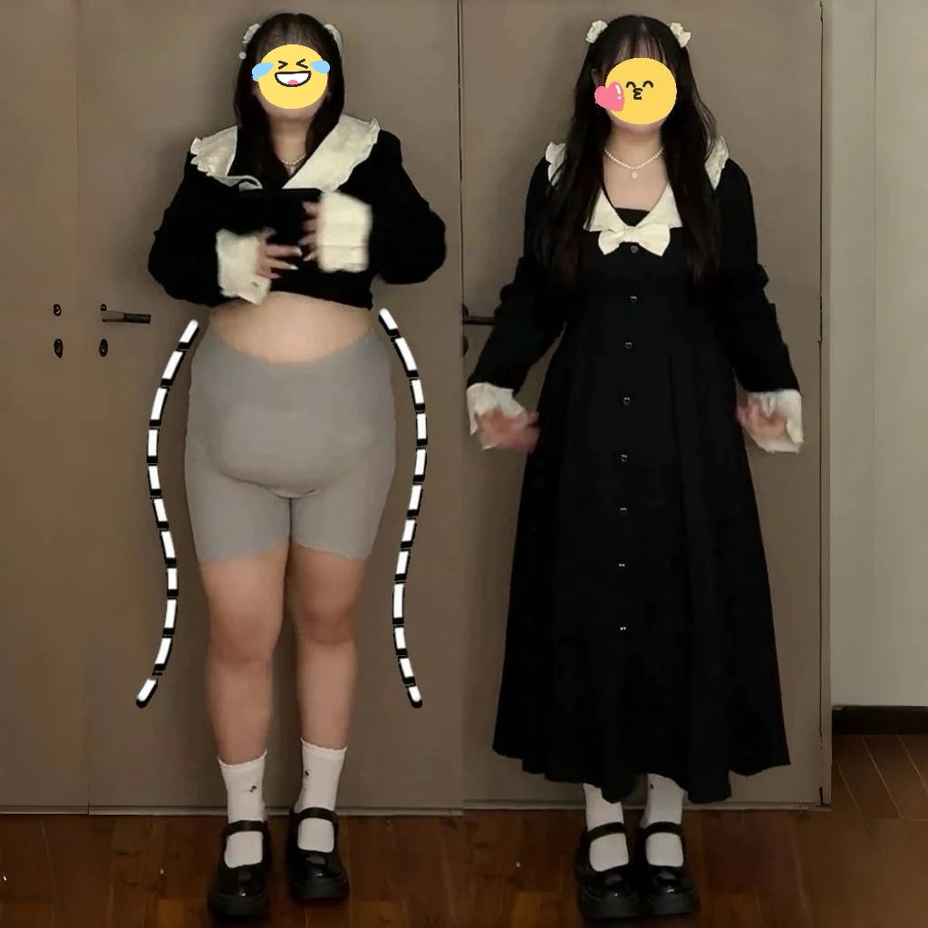 大码黑色娃娃领连衣裙女秋季新款胖MM梨型身材收腰显瘦气质长裙子