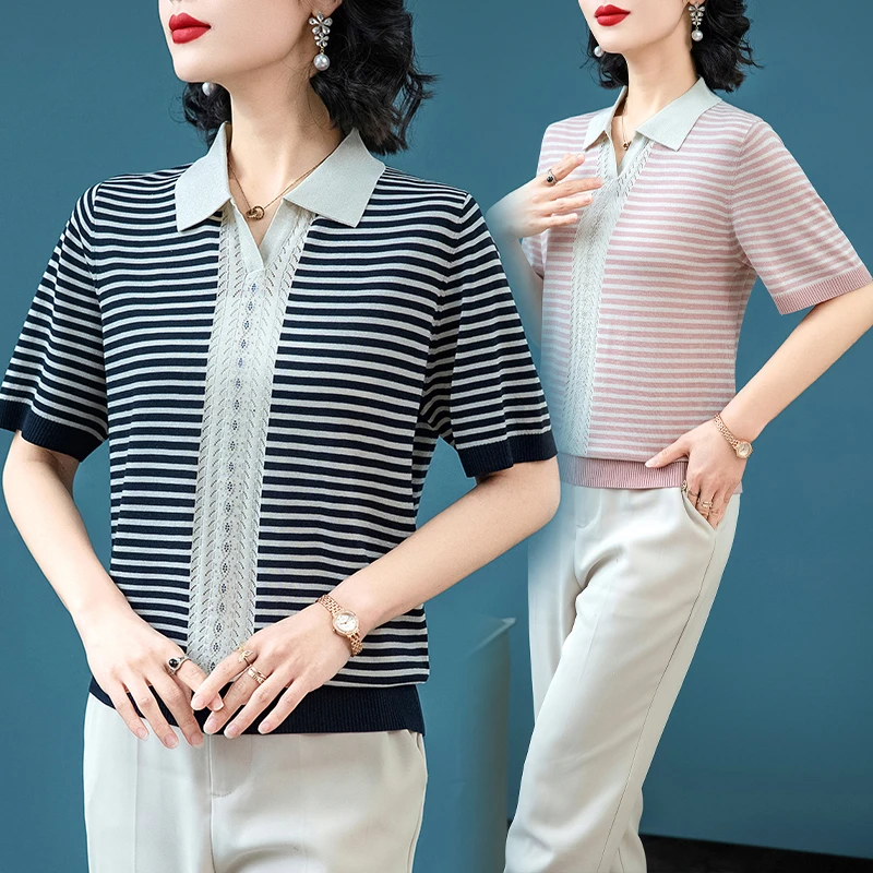 紫竹风韵25813大码气质显瘦洋气夏季中年减龄宽松条纹翻领时尚